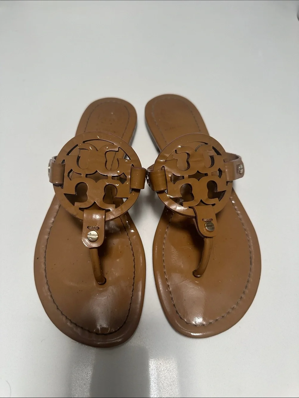 Tory Burch Cognac Leather Logo Thong Sandals